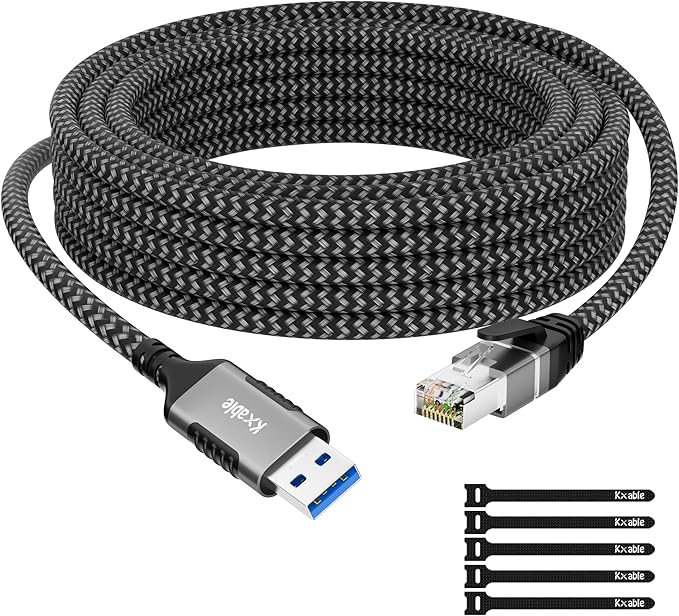 USB to Ethernet Cable 25 FT, USB 3.0 A Male to RJ45 Male Cord, Directly Connected, Aluminum Portable Gigabit LAN Network Cable for Laptop, PC, Switch, More, Braided with 5 Pcs Ties