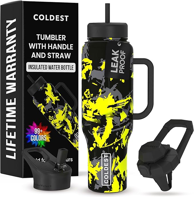 Coldest Tumbler with Handle and Straw - 100% Leak Proof Insulated Tumbler with Lid and Straw (3 Lids) - Stainless Steel Tumblers for Women & Men - Cup Holder Friendly Base, 46 oz (Off Road)