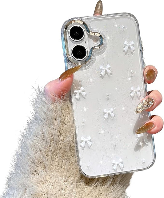 EYZUTAK Case for iPhone 16, Bling Glitter 3D Bowknot Phone Case Cute Sparkly Crystal Clear Bow Aesthetic Design Case Slim Soft Durable TPU Transparent Protective Cover for Women Girl - White Bow