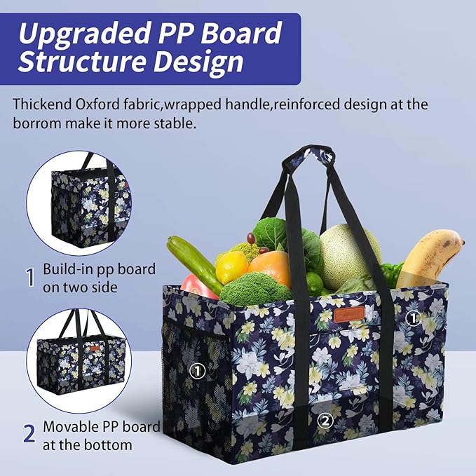 MHOMER Reusable Grocery Bags Extra Waterproof Large Tote Bag with Carrying Handles Reinforced Bottom Durable Oxford Fabric Foldable Shopping Bags for Storage Space Saving Dark Blue Flower