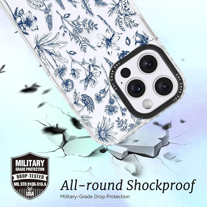 for iPhone 14 Case, Vintage Botanical Pattern with Blue Flowers, Military-Grade Drop Protection, Cute Soft Slim TPU Protective Cover with Camera Lens Protection for Women & Girls