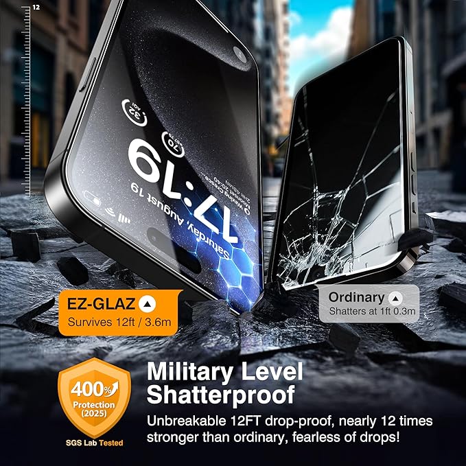 EZ-GLAZ- 4 Pack for iPhone 15 Pro Max Screen Protector [6.7"] With 2 Pack Camera Lens Protector, 9H+ Hardness 12FT Military Grade Shatterproof Scratch Resistant Durable Tempered Glass Film with Flawless Fit Kit, HD Clear