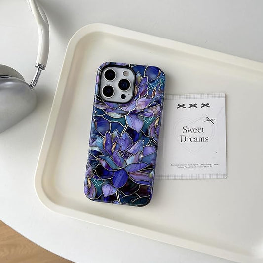 QLTYPRI Flower Case for iPhone 15 Pro Max, Aesthetic Cute Floral Phone Case for Girls Women, Protective Hybrid 2-Layer Hard Shell Silicone Cover Durable Shockproof Phone Cover - Purple Lotus