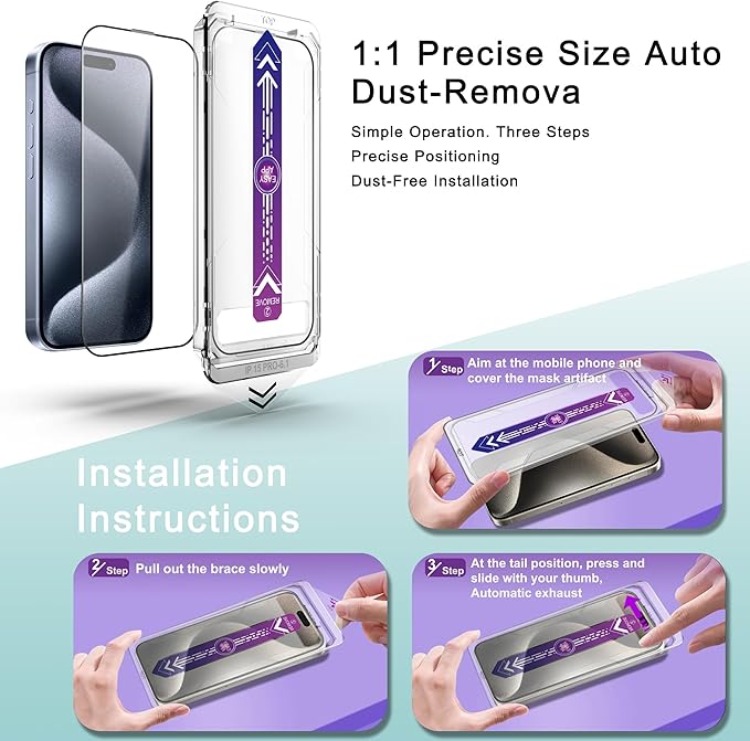 2 Pack Screen Protector Tempered Glass for iPhone 15 Pro 6.1-Inch Auto Dust Removal, No Bubbles, High Definition Clear, Easy Installation