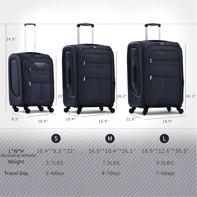 Merax Softside Luggage Set Softshell Lightweight 3 Piece Spinner Suitcase 22" 26" 30" Deep Blue