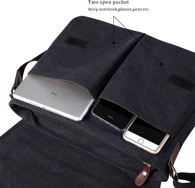 Vintage Canvas Satchel Messenger Bag for Men Women,Travel Shoulder bag 13.5" Laptop Bags Bookbag (Black)