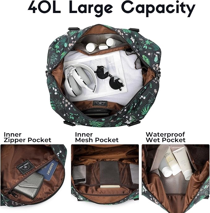 SUNNY BIRD Duffel with Utility Pouch, 40L Weekender Overnight Bag with Shoe Compartment for Travel and Sports (Floral & Foliage)