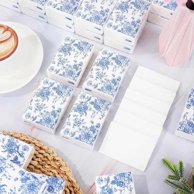 50 Bulk Blue Floral Tissue Packs Vintage Flower Mini Travel Size Facial Tissues Chinoiserie Flower Portable Pocket Tissue for Wedding Party Supplies