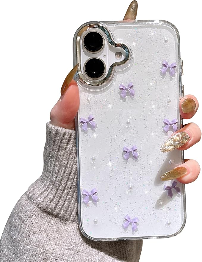 EYZUTAK Case for iPhone 17, Bling Glitter 3D Bowknot Phone Case Cute Sparkly Crystal Clear Bow Aesthetic Design Cover Slim Soft Durable TPU Transparent Protective Cover for Women Girl - Purple Bow