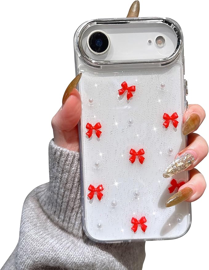 EYZUTAK Case for iPhone Air, Bling Glitter 3D Bowknot Phone Case Cute Sparkly Crystal Clear Bow Aesthetic Design Cover Slim Soft Durable TPU Transparent Protective Cover for Women Girl - Red Bow