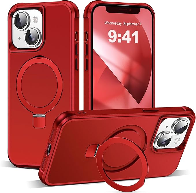 Compatible with iPhone 13 Case & iPhone 14 Case with Invisible Magnetic O-Ring Stand Phone Cases for 13 & 14 6.1" [Compatible with Mag-Safe][Great Grip Feeling], Red