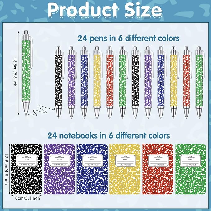 48 Pack Bulk Mini Composition Notebook with 24 Pack Assorted Colors Ballpoint Pens Set, 3.1x4.9 inch Hard Cover,16 Sheets Per Comp Book Marble Composition Notebook for School College & Office Supplies