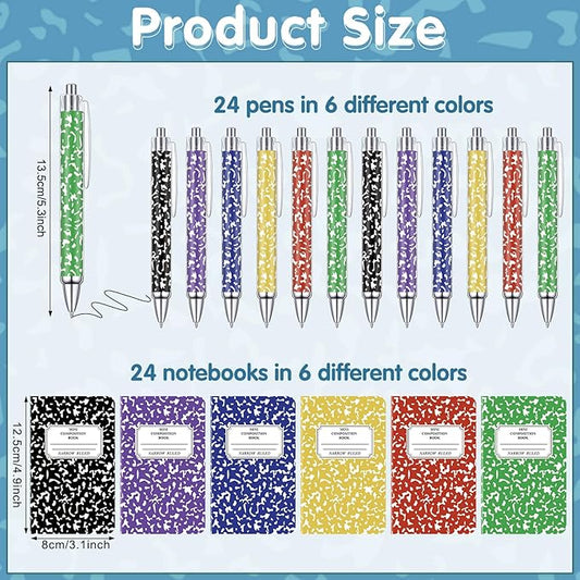 48 Pack Bulk Mini Composition Notebook with 24 Pack Assorted Colors Ballpoint Pens Set, 3.1x4.9 inch Hard Cover,16 Sheets Per Comp Book Marble Composition Notebook for School College & Office Supplies