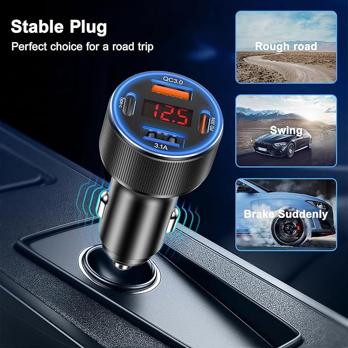 Car Charger USB C, Besgoods 4 Ports Cigarette Lighter USB Charger USB C Car Adapter PD/QC Fast Charging with Voltmeter for iPhone 17 16 15 14 13 12 Galaxy S24 S23 A54 A16 Android Dash Cam, 2Pack