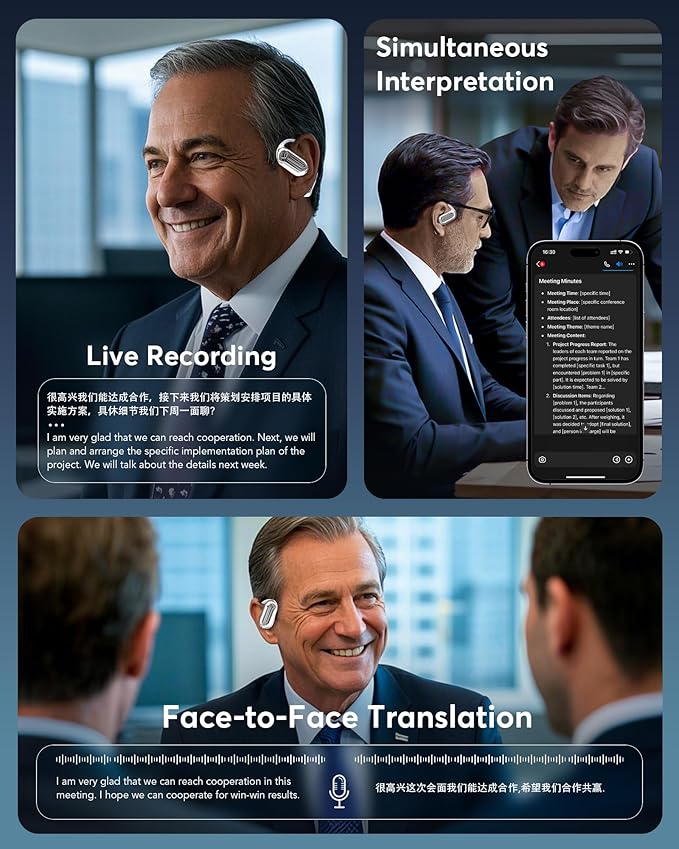 AI Language Translation Earbuds, Bluetooth 5.4 Headphones Translator for 144 Languages & Accents, OWS LCD Touch Screen Real-Time Earphones Fit iOS and Android Ideal for Travel Business Learning,Silver