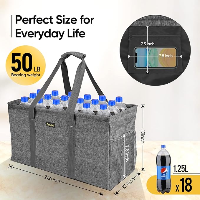 BALEINE Extra Large Utility Tote Bag with Wire Frame for Storage (Gray, 22''x12''x10'')