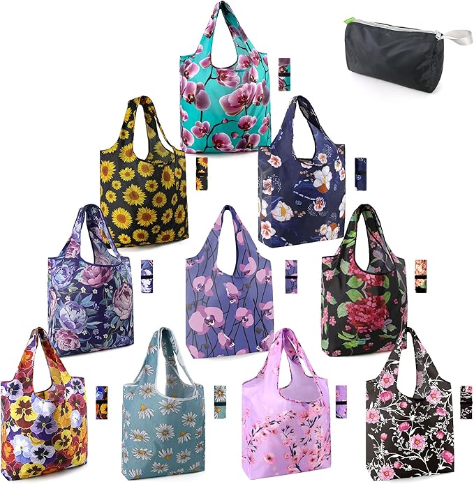 BeeGreen 10 Pack Washable Floral Grocery Bags for Shopping Reusable Tote Bags Extra Large 50LBS Cute Flower Design Foldable Reusable Bags for Women Men Lightweight Durable