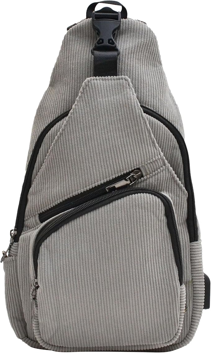 Anti-Theft Daypack Crossbody Sling Backpack, USB Charging, Lightweight Day Pack for Travel, Hiking, Everyday, Large, Gray Corduroy