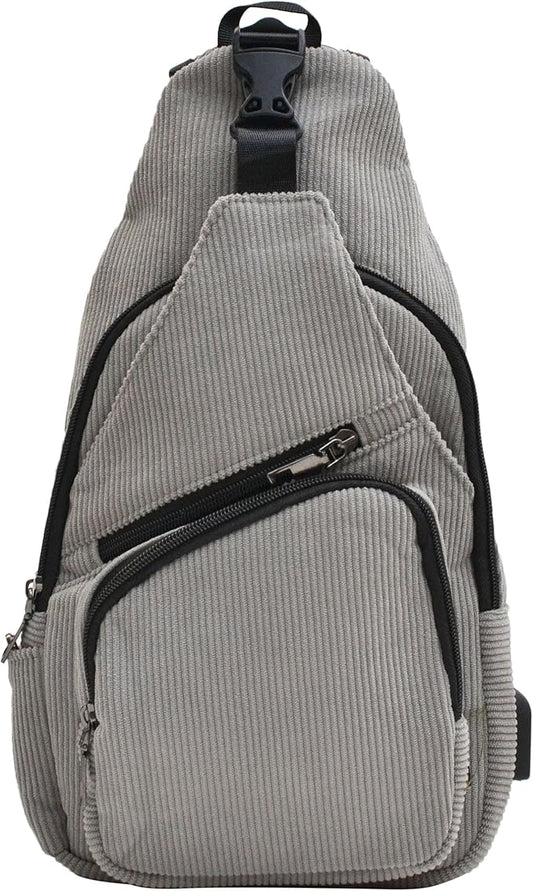 Anti-Theft Daypack Crossbody Sling Backpack, USB Charging, Lightweight Day Pack for Travel, Hiking, Everyday, Large, Gray Corduroy