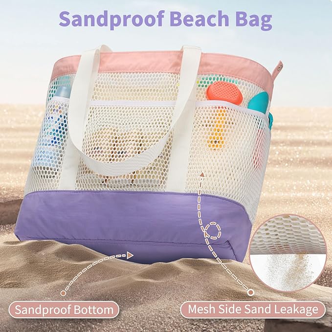 Mesh Beach Bag, Extra Large Beach Bags for Women, Lightweight Foldable Sandproof Tote Bag for Family & Vacation