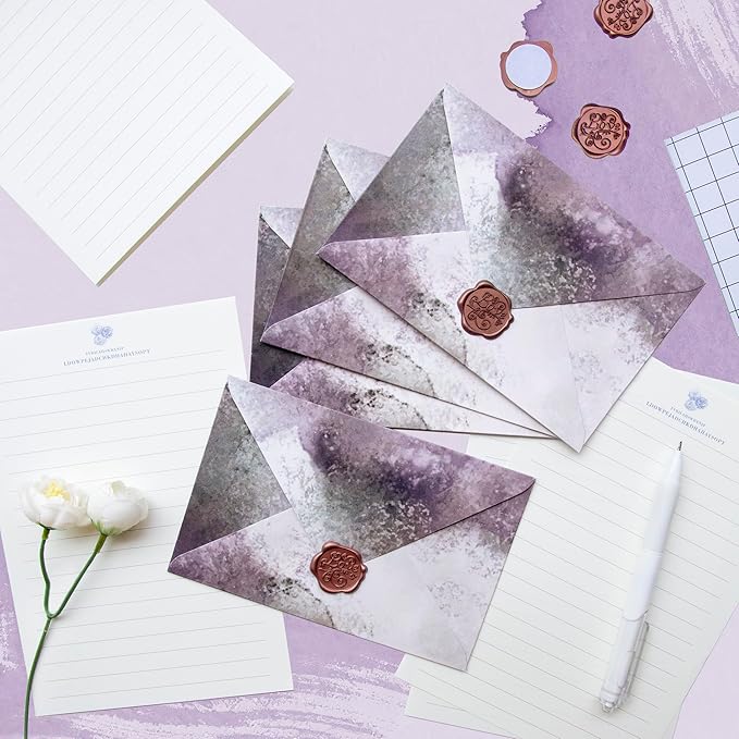 Tuhangcc Stationary Paper Set Minimalism - Hand Blended Colors, 12 Envelopes (4x6 in) & 24 Lined Paper for Wedding Love Letters, Invitations, Anniversaries (Smoky Lavender)