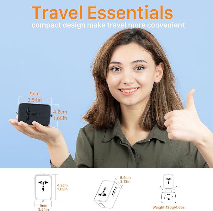 Universal Travel Plug Adapter Worldwide with 2 USB C and 2 USB A Ports, Travel Accessories Travel Charger International Travel Adapter Plug Travel Essentials USA to UK Europe Australia (Black, 17W)