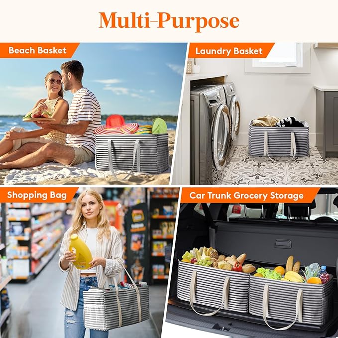 Lifewit Extra Large Tote Bag, Reusable Grocery Bags with Metal Wire Frame and Handles, Standing Utility Foldable Shopping Bags for Storage, Picnics, Beach, Pool, Laundry, Car, Camping, 1 Pack, Black