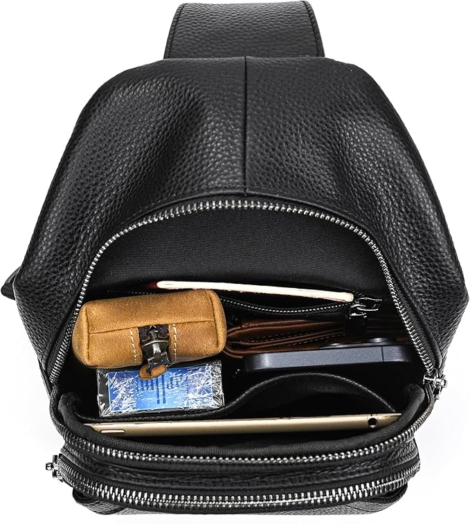 Genuine Leather Sling Bag Multi-pocket Chest Bag for Men Hiking Travel Daypack