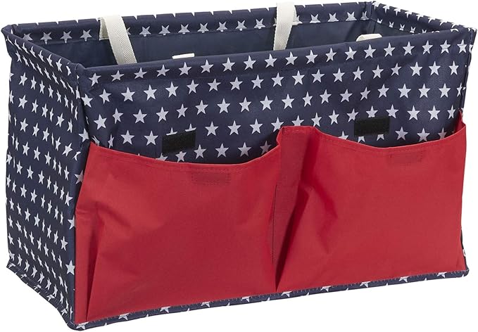 Household Essentials Krush Container All-Purpose Utility Tote, Water-Resistant Vinyl Lining with Pockets, Red, White and Blue