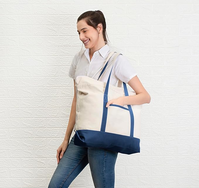 Cotton Canvas Tote Bag with an External Pocket & Top-Zipper Closure For - Gym, Beach, DIY, Work, Travel, Shopping