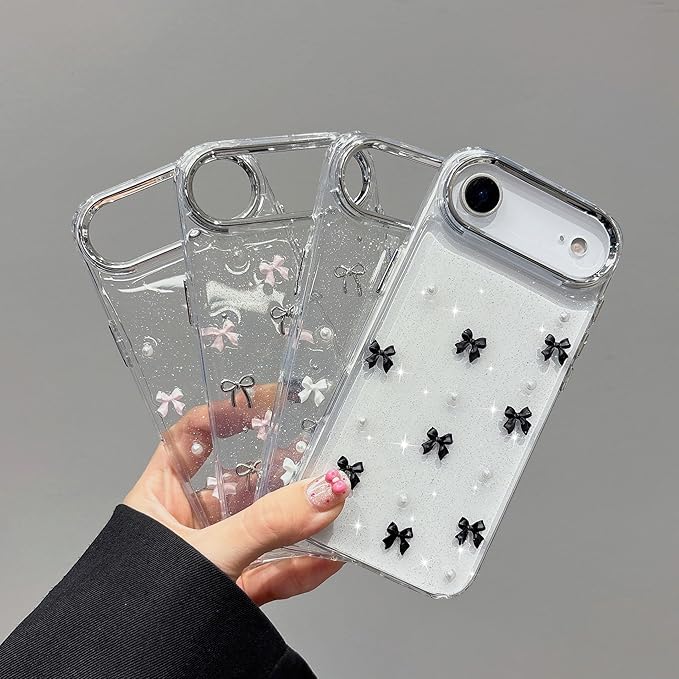 EYZUTAK Case for iPhone Air, Bling Glitter 3D Bowknot Phone Case Cute Sparkly Crystal Clear Bow Aesthetic Design Cover Slim Soft Durable TPU Transparent Protective Cover for Women Girl - Black Bow