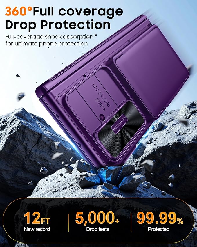 CENMASO for Samsung Galaxy Z Fold 7 Case with Card Holder [RFID Blocking] Camera Cover, Hinge Protection, Hidden Kickstand, Screen Protector, Slim Shockproof Phone Case for Galaxy Z Fold 7-Purple