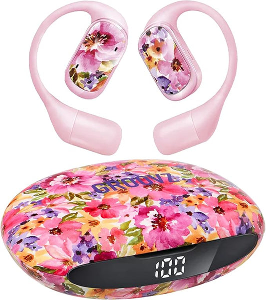 Groovz Open-Ear True Wireless Headphones with Smart Battery Display - Designed and Engineered in The USA - IPX5-Rated Bluetooth Open Ear Earbuds Compatible with Apple & Android - Floral