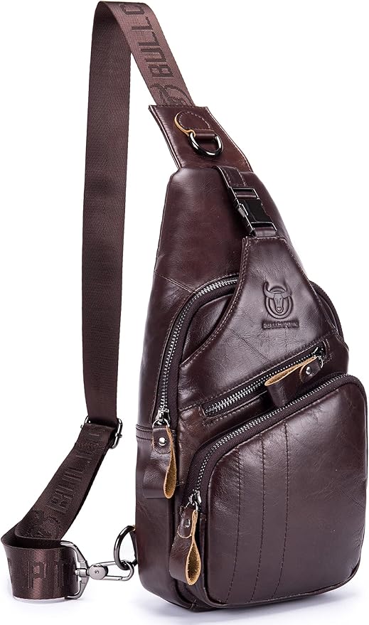 BULLCAPTAIN Men Sling Chest Bag Genuine Leather Casual Multipurpose Crossbody Shoulder Backpack Travel Hiking Daypack (Brown)