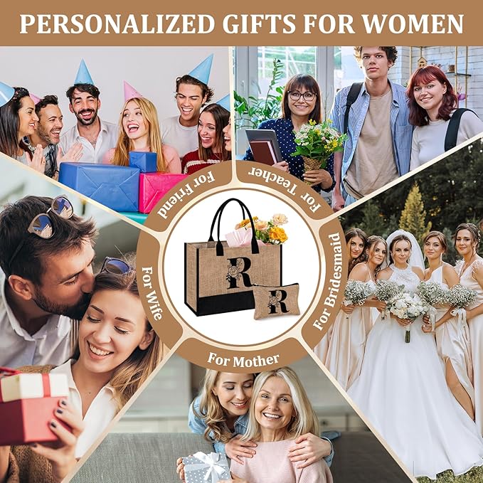 AYGE Personalized Initial Jute Tote Bag & Makeup Bag, Beach Bag, Monogrammed Birthday Gifts for Women Sister Mom Bridesmaid