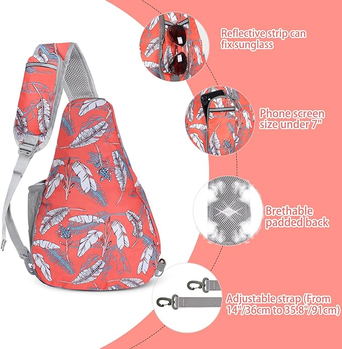 ZOMAKE Sling Bag,Small Crossbody Sling Backpack,Water Resistant Shoulder Daypack for Travel,Anti Thief Chest Bag for Hiking(Orange White Leaf)