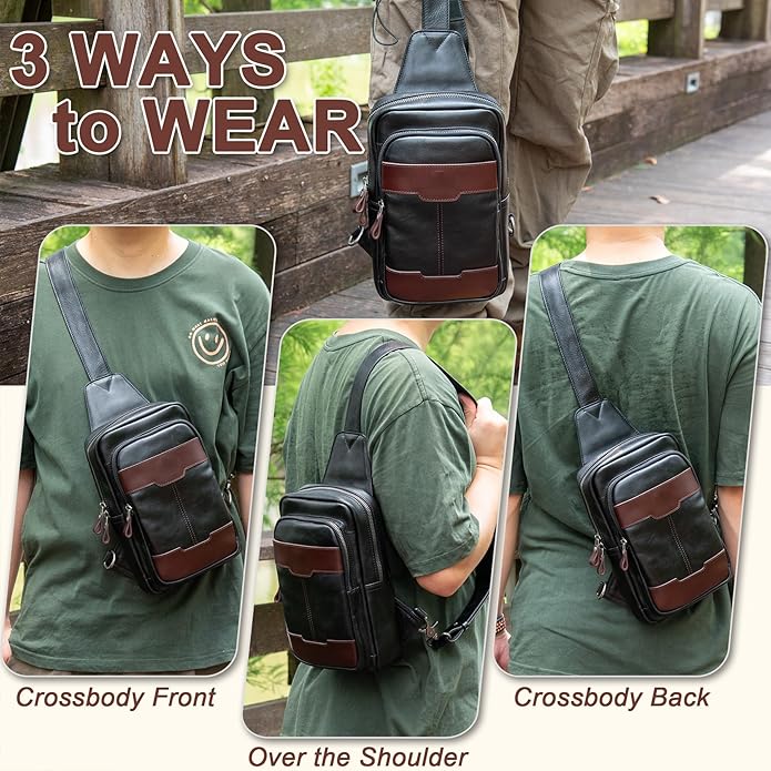 Genuine Leather Sling Bag for Men and Women Crossbody Shoulder Bag Side Sling Backpack Chest Purse Cross Body Casual Daypack
