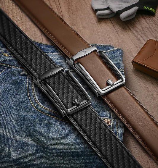 BULLIANT Men Ratchet Belt 2 Pack, Click Sliding Leather Belt Adjustable for Gift Men Dress Casual Jeans 1 3/8,Cut for Fit