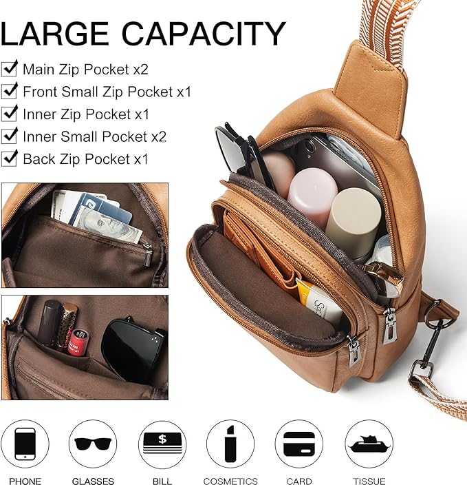 7L Sling Bag for Women Men Crossbody Belt Bag Small Travel Sling Backpack Anti Theft Chest Daypack Purse Faux Leather