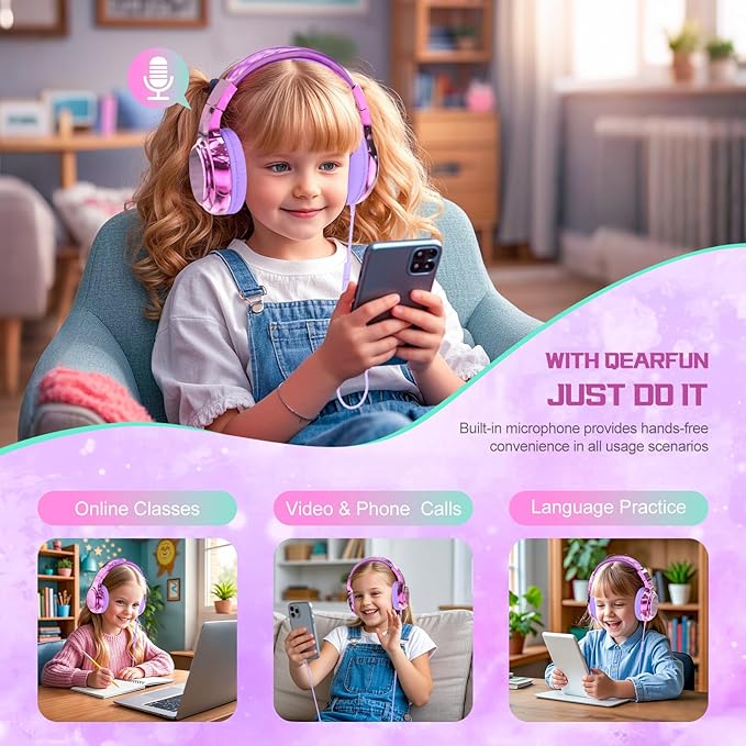 QearFun Kids Headphones Wired with Mic, 85/94dB Safe Volume Limit, Foldable Over Ear, Tangle-Free Cord & Sharing Port, Wired On-Ear Headset for School, Chromebook, Tablet, Travel - Boys & Girls