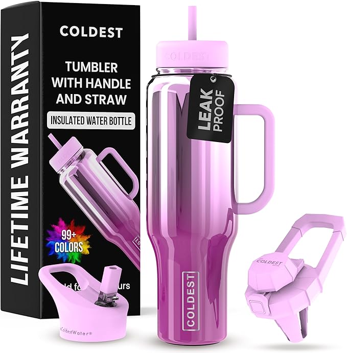 Coldest Tumbler with Handle and Straw - 100% Spill Proof Tumbler with Straw (3 Lids) - Stainless Steel Insulated Leakproof Tumblers for Women & Men - Cup Holder Friendly - 46 oz (Verbena Nova)