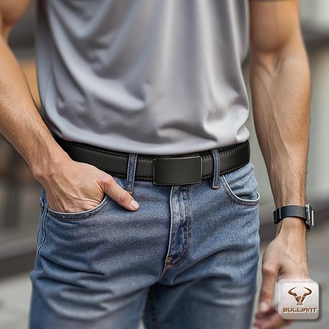 BULLIANT Men Ratchet Belt 2 Pack, Click Sliding Leather Belt Adjustable for Gift Men Dress Casual Jeans 1 3/8,Cut for Fit