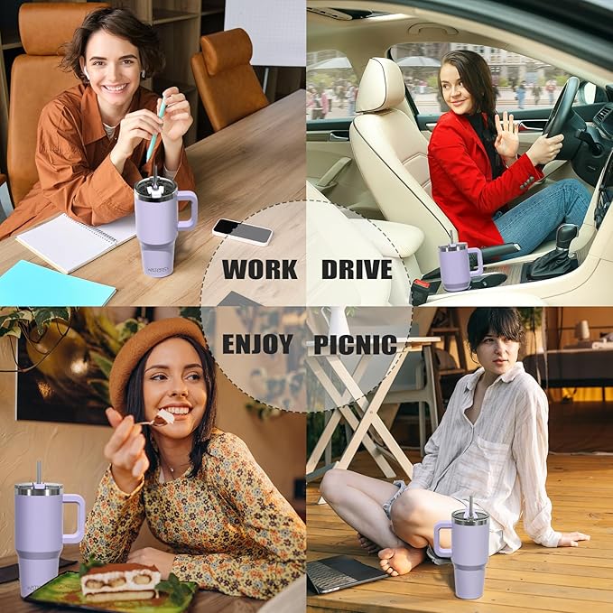 30 oz Tumbler with Handle,Tumbler with Lid and Straw,Double Wall Insulated Cup Stainless Steel Travel Mug(Cold for 34 Hours),Water Bottle for Iced Tea,Coffee,Cold Beverages(Purple)