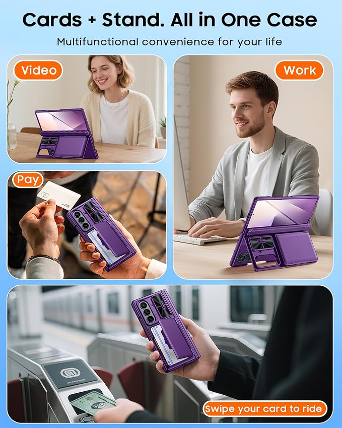 CENMASO for Samsung Galaxy Z Fold 7 Case with Card Holder [RFID Blocking] Camera Cover, Hinge Protection, Hidden Kickstand, Screen Protector, Slim Shockproof Phone Case for Galaxy Z Fold 7-Purple