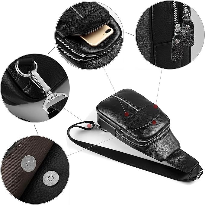 DK86 Genuine Leather Sling Bag for Men and Women Crossbody Small Fanny Packs Chest Travel Backpack Daypack Black