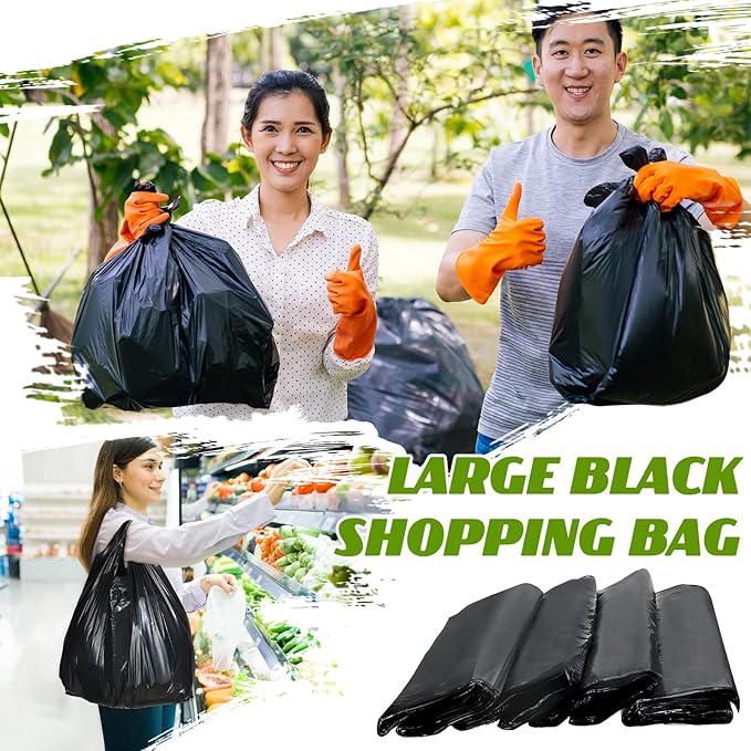 Kisston 400 Count Jumbo Size Plastic T Shirt Bags with Handles, 35 Mic, XX Large Plain Plastic T Shirt Grocery Bags, Thick and Heavy Duty (Black,20" x 12")
