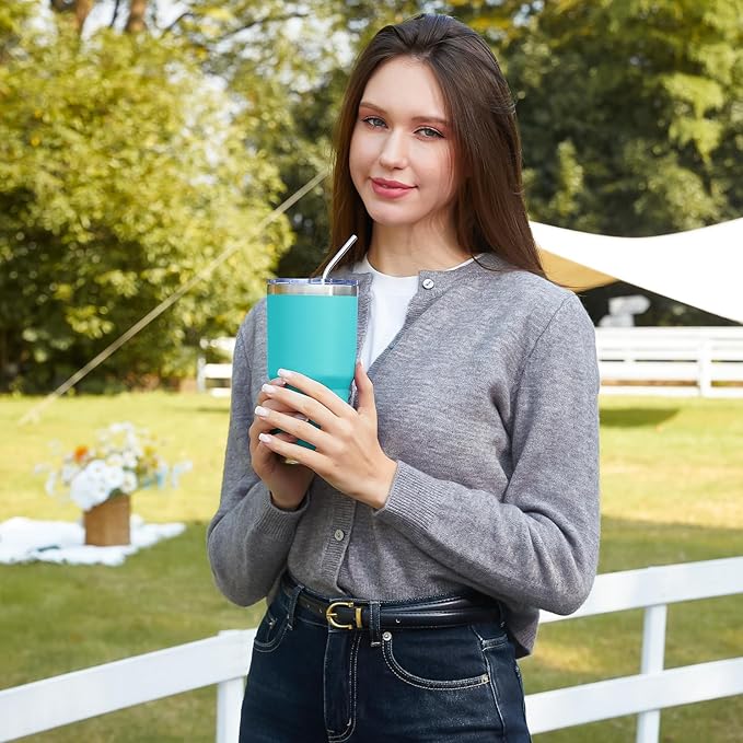 MEWAY 30oz Insulated Tumbler With Lids and Straws,Stainless Steel Double Vacuum Coffee Tumbler Cup, Brush, Durable Powder Coated Coffee Cup for Cold & Hot Drinks(Light Blue,8 PACK)