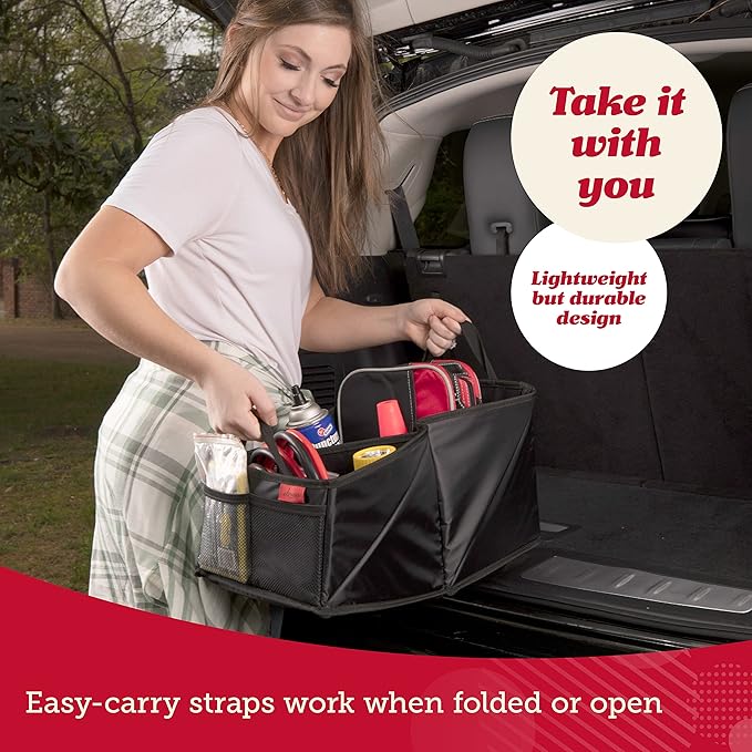 Lusso Gear Car Seat Organizer - Built-In Car Cup Holders & Mesh Pockets - Foldable Back Seat Organizer with Handles - Kids Road Trip Essentials - 9 Compartments, Black Oxford