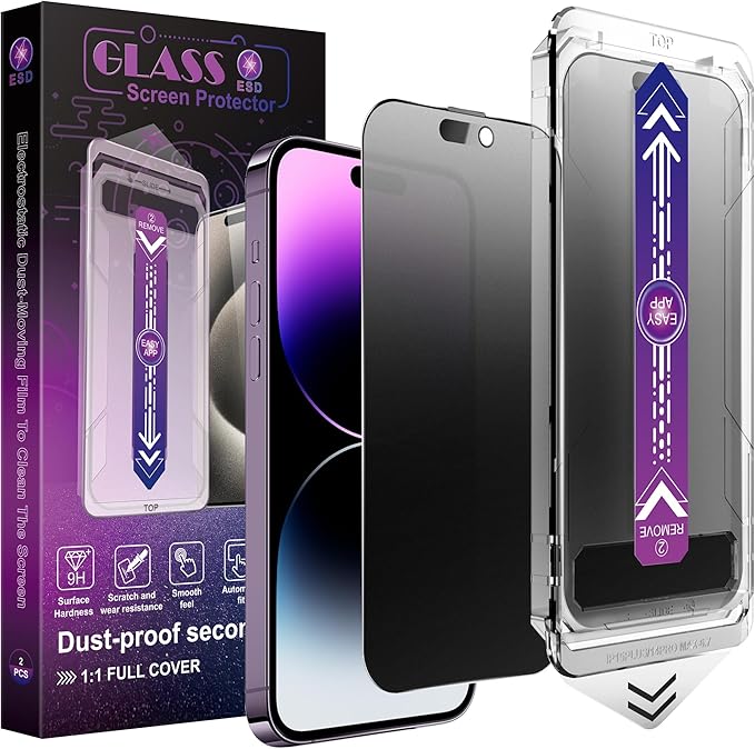 2 Pack Matte Privacy Screen Protector for iPhone 14 Pro Max/iPhone 15 Plus/iPhone 16 Plus, 9H Tempered Glass, Full Coverage, Anti-Fingerprint, Auto Dust-Elimination, No Bubble, Easy Installation