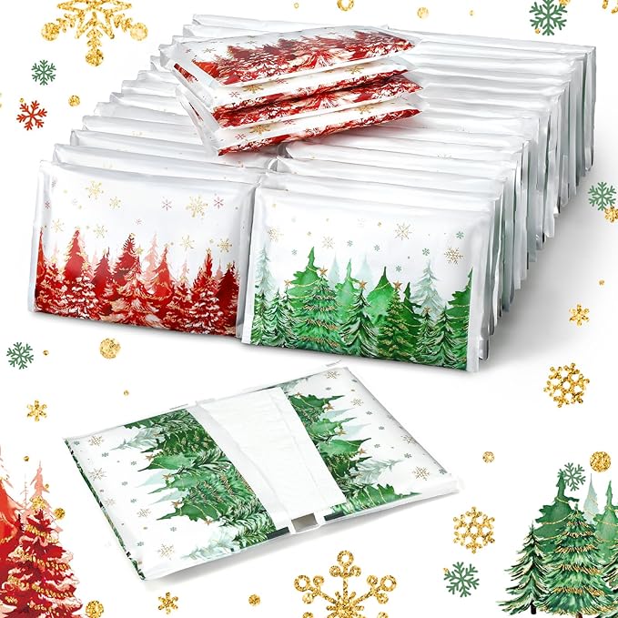 50 Pack Christmas Tree Pocket Tissues Individual Packs Bulk 3 Ply Green and Red Xmas Tree Wallet Travel Facial Tissues for Christmas Party Supplies